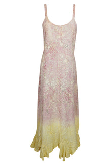  Boho Maxi Dress, Pink Yellow Loose Handmade Enzyme M