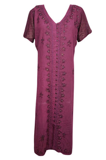  Maxi Dresses, Magenta Pink Embroidered Summer Housedress L/XL