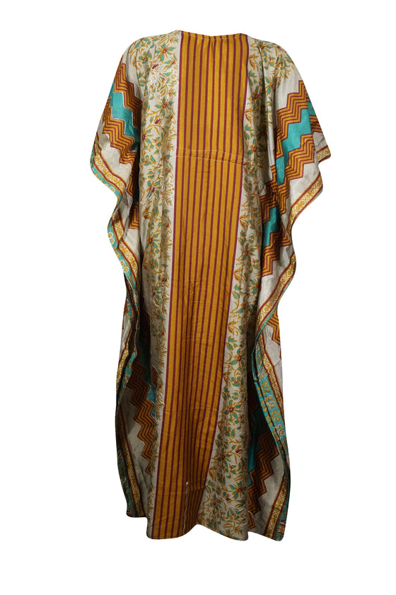 Recycled Silk Caftan Maxi Dresses, Boho Beach Kaftan Travel Dresses, Orange XL