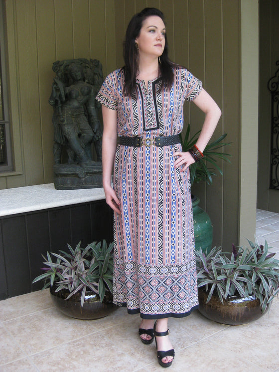 Maxi Caftan Dress, Purple White Floral Printed Loose M