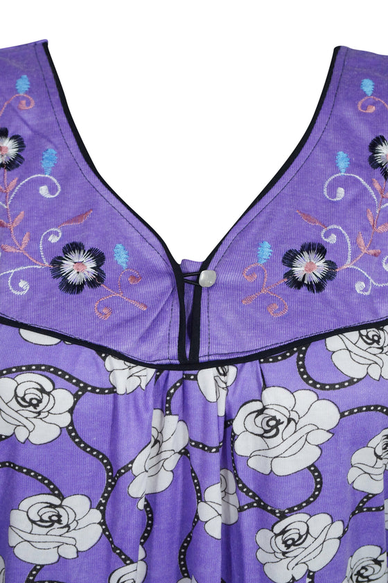 Caftan Maxi Dress, Nightgown, Purple White Floral Printed M