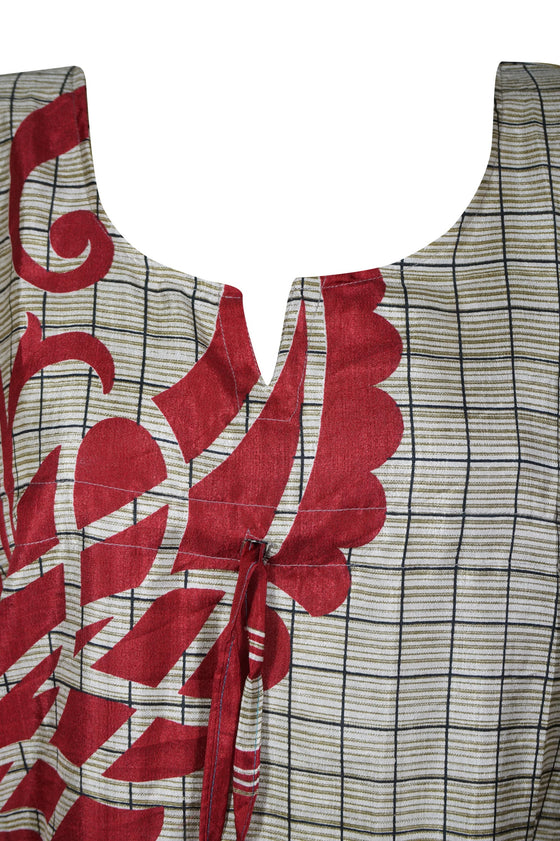 Maxi Beach Kaftan Dress, Recycle sari Gray Red Caftan XL