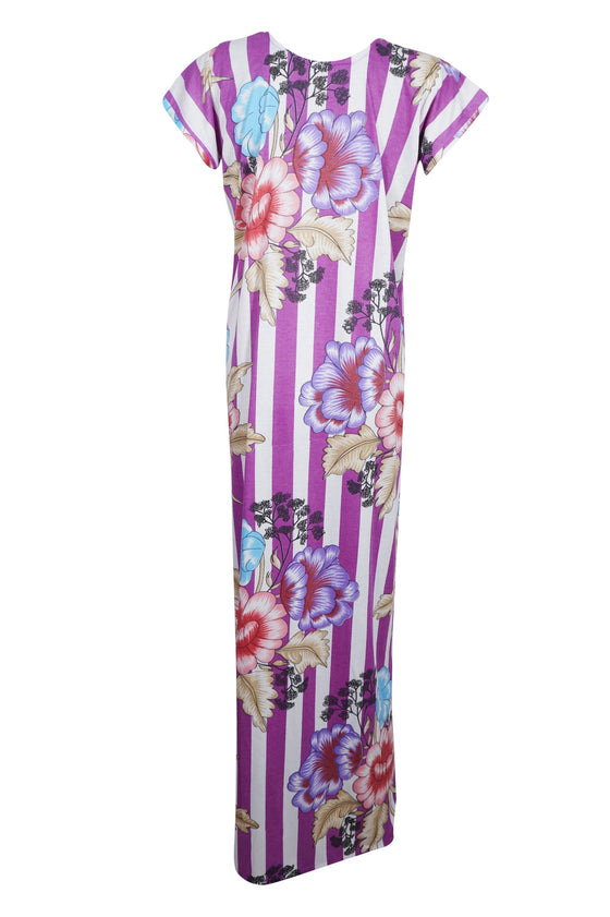 Maxi Dress, Purple White Floral Printed Sleepwear Dresses, M