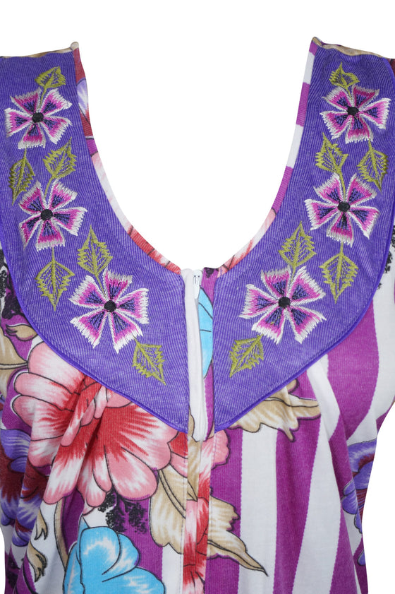 Maxi Dress, Purple White Floral Printed Sleepwear Dresses, M