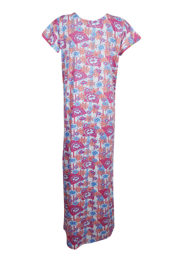 Maxi Caftan Dress, Muumuu, Pink Floral Printed Short M