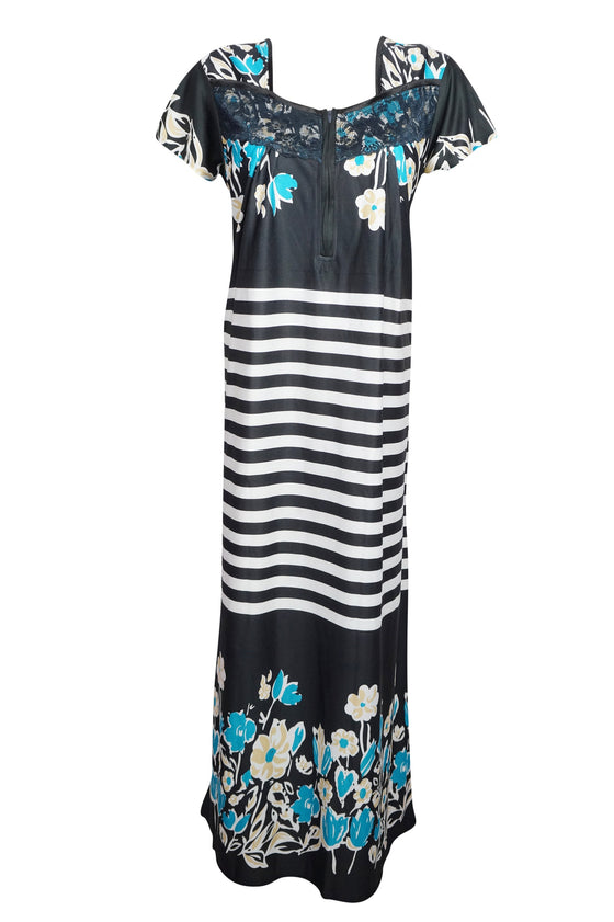 Soft Flowy Nightgown Caftan Dresses, Kaftan Maxi Dress Black White Lounger L