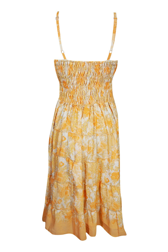 Midi Dress, Peach Beige Floral Printed Spaghetti Strap S/M