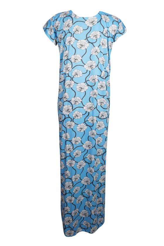 Blue Muumuu Maxi Dress, Short Sleeves Floral Printed Nightgown Kaftan S/M