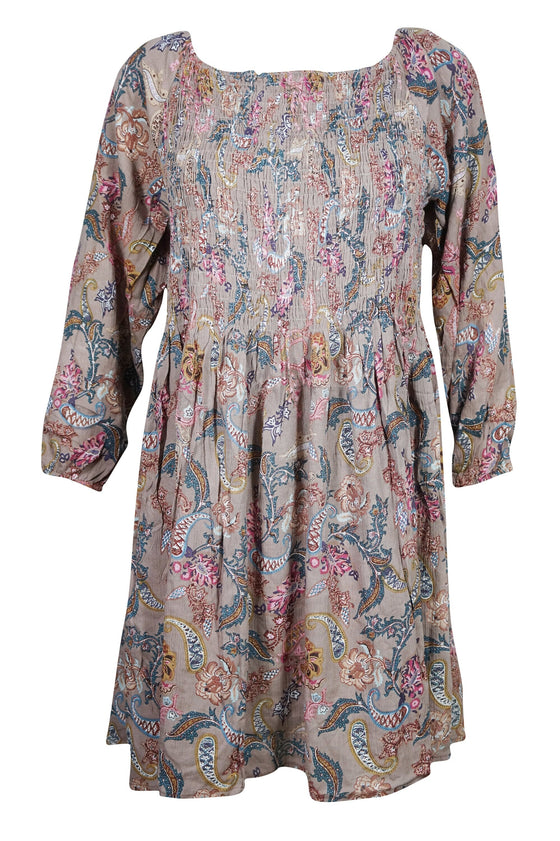 Floral Dresses, Dusty Pink Blue Printed Dress, Shirred L