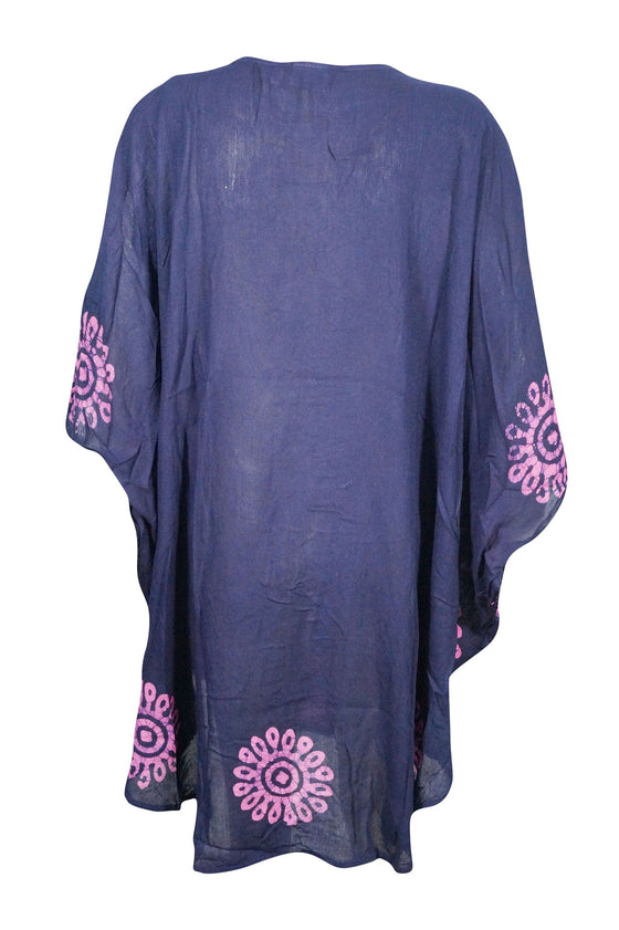 Oversized Beach Blouse, Coverup, Blue, Pink Embroidered Boho