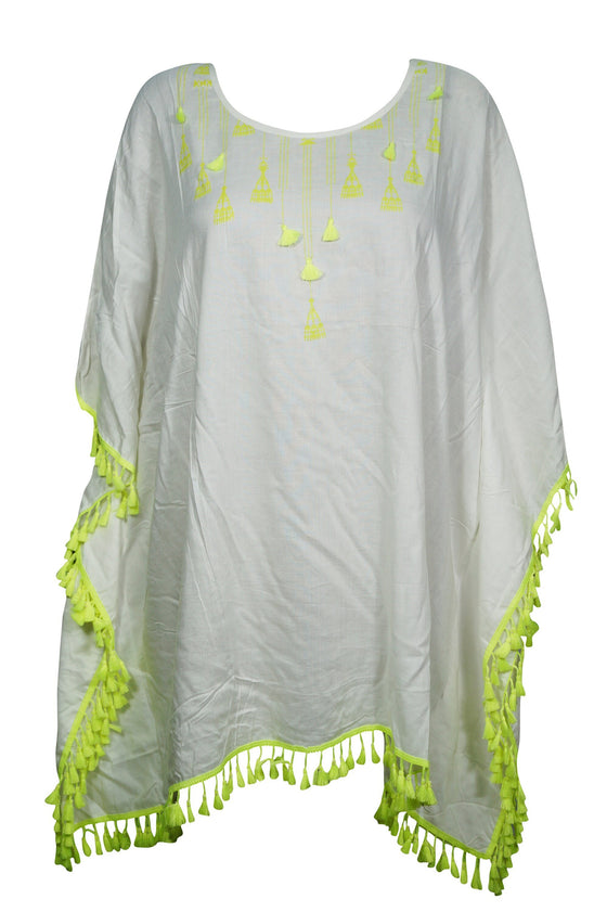 Kaftan Short Dress, White Green Tassel Caftan, Maternity L-3XL