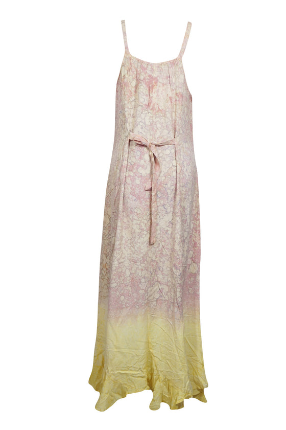 Boho Maxi Dress, Pink Yellow Loose Handmade Enzyme M