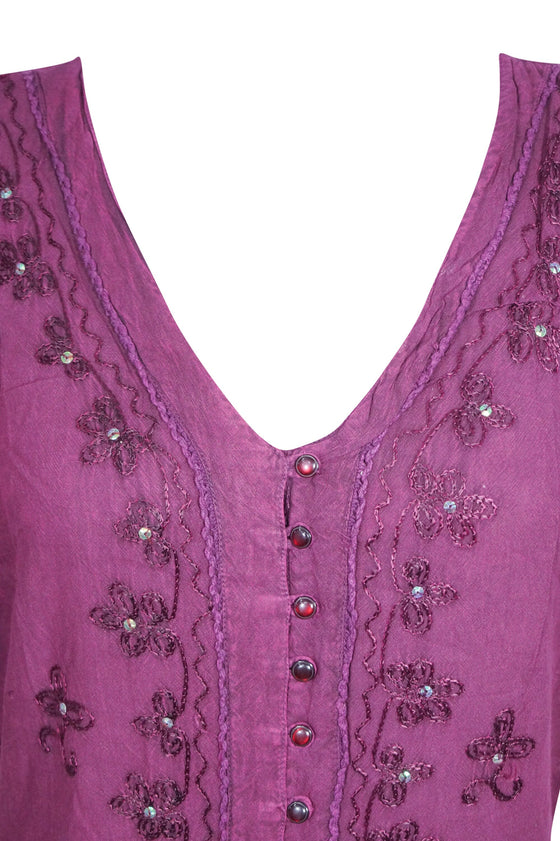 Maxi Dresses, Magenta Pink Embroidered Summer Housedress L/XL