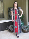 Maxi Caftan Dress, Red Blue Floral Print Night M