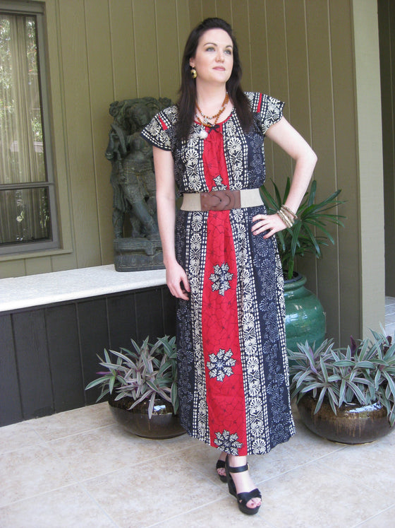 Maxi Caftan Dress, Red Blue Floral Print Night M