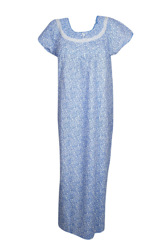 Maxi Caftan Dress, Muumuu, Cotton Blue White Floral L