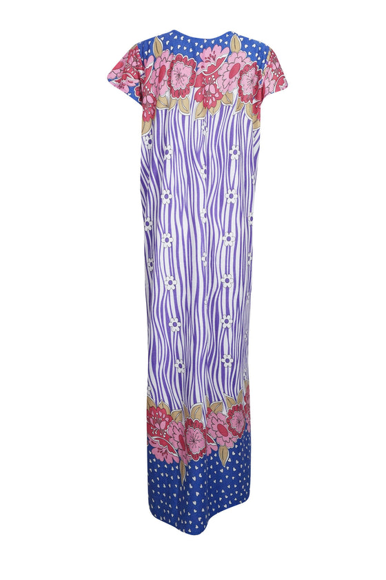 Maxi Caftan Dress, Purple White Floral Printed Loose M