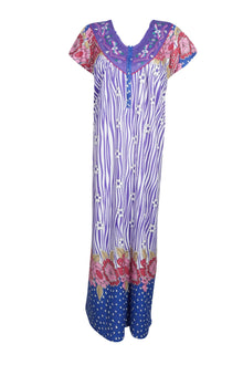  Maxi Caftan Dress, Purple White Floral Printed Loose M