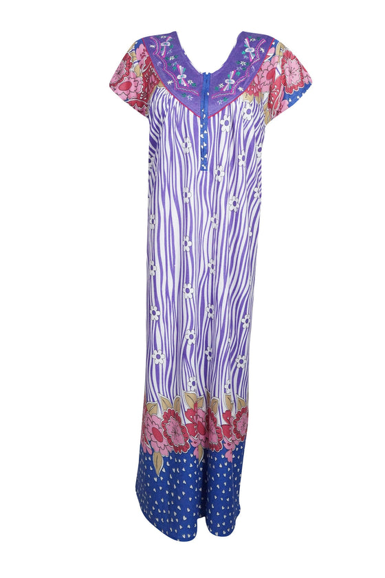 Maxi Caftan Dress, Purple White Floral Printed Loose M