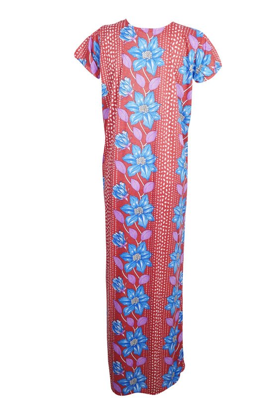 Maxi Caftan Dress, Red Blue Floral Print Night M