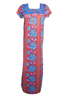  Maxi Caftan Dress, Red Blue Floral Print Night M