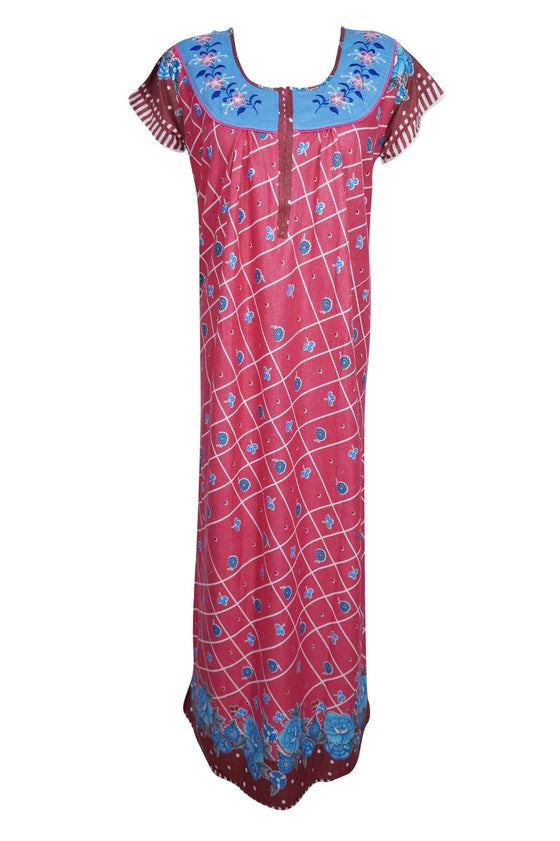 Boho Nightgown Maxi Dresses, Housedress Lounger Loose Pink Caftan L