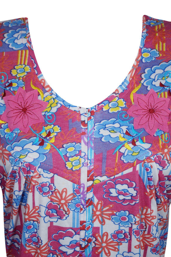 Maxi Caftan Dress, Muumuu, Pink Floral Printed Short M