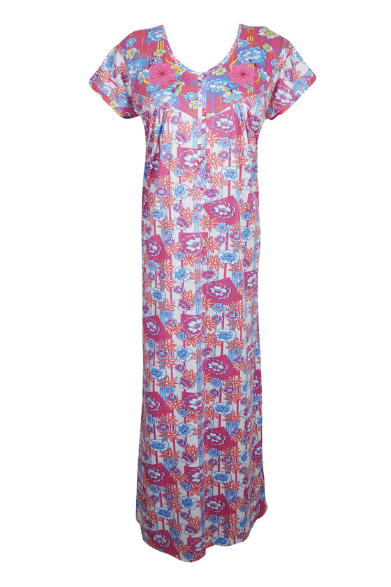 Maxi Caftan Dress, Muumuu, Pink Floral Printed Short M