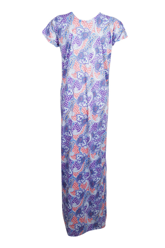 Mummuu Caftan Maxi Dress, Purple Blue Floral Printed Nightgown S/M