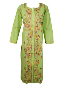  Womens Long Tunic Dress, Parrot Green Embroidered Kurti Dresses M