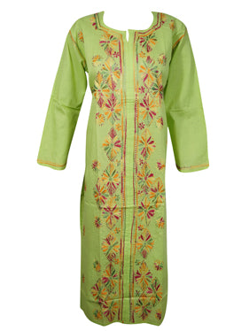 Womens Long Tunic Dress, Parrot Green Embroidered Kurti Dresses M