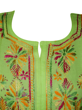 Womens Long Tunic Dress, Parrot Green Embroidered Kurti Dresses M