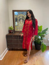 Womens Long Tunic Dress, Red Hand Embroidered Kurti Kaftan M