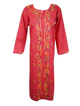 Womens Long Tunic Dress, Red Hand Embroidered Kurti Kaftan M