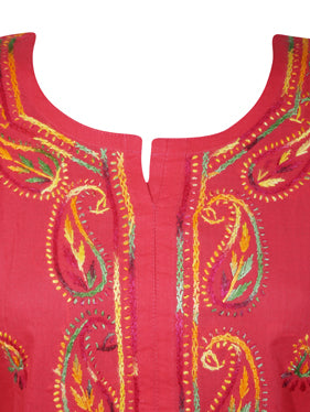 Womens Long Tunic Dress Red Hand Embroidered Kurti Kaftan M