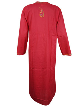 Womens Long Tunic Dress, Red Hand Embroidered Kurti Kaftan M