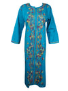 Womens Long Tunic Dress, Blue Hand Embroidered Kurti  L