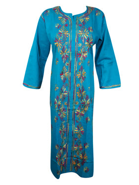 Womens Long Tunic Dress, Blue Hand Embroidered Kurti  L