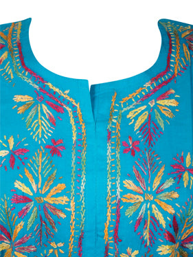 Womens Long Tunic Dress, Blue Hand Embroidered Kurti  L