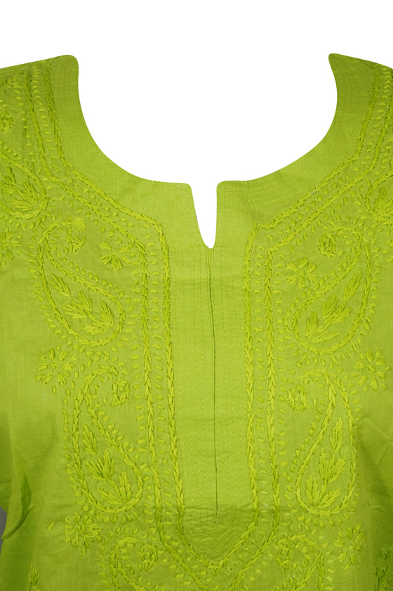 Green Cotton Tunic, Embroidery Cotton Top -M