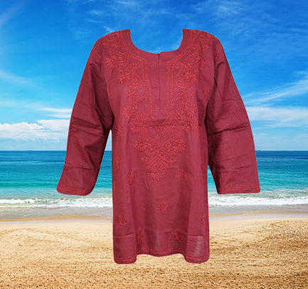 Pink Hand Embroidered Indian Cotton Tunic -M