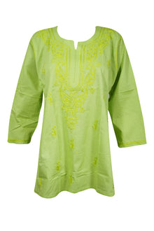  Summer Embroidered Lime Green Handmade Tunic Top M
