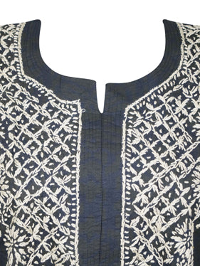 Women Hand Embroidered Black Cotton Long Tunic L