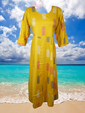 Womans Boho Maxi Dress, Yellow Floral Printed S/M
