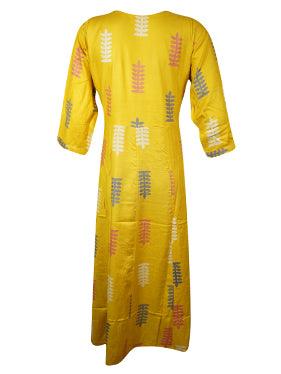 Womans Boho Maxi Dress, Yellow Floral Printed S/M