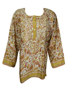  Womens Tunic Top, Silk Shirt, Brown Floral Printed Tunic XL