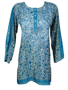  Womens Tunic Top Blue Floral Printed Silk Tunic  M