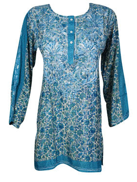 Womens Tunic Top Blue Floral Printed Silk Tunic  M