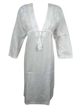white christmas dresses White Cotton Knit Bell Sleeve Lace Detail Tunic Dress XL / White main image 0