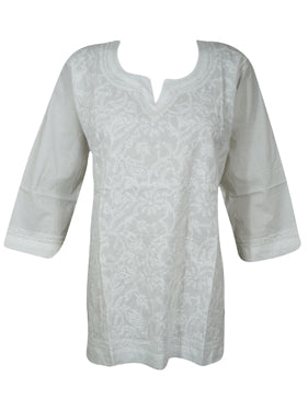 Women Chikankari Embroidery White Cotton Tunic S/L